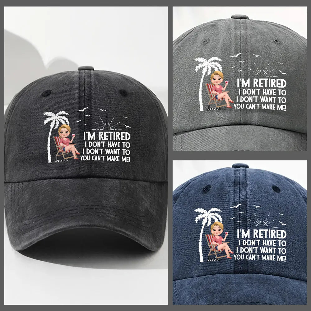Personalized Washed Denim Baseball Cap with I'm Retired Quote, Funny Everyday Outdoor Wear, Unique Gift for Retiree