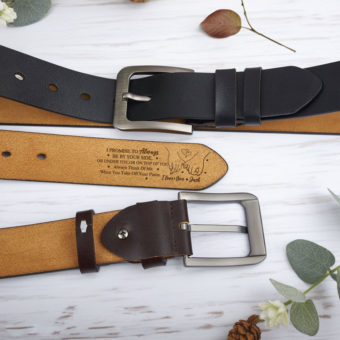 "I Promise To Always Be By Your Side" Personalized Engraved Leather Belt – Perfect Couples Gift
