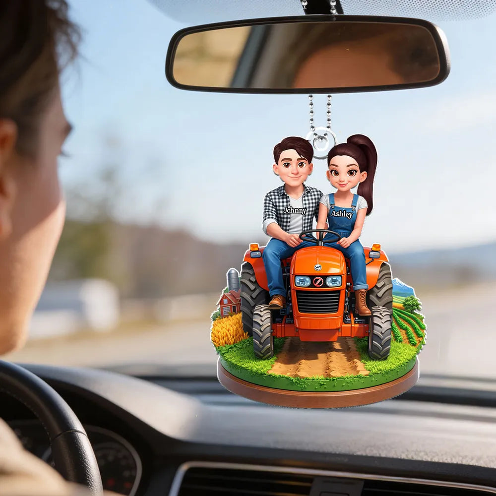 Personalized Acrylic Car Hanger Cute Cartoon Farmer Couple on Tractor, Country Drive Mirror Decor, Unique Gift