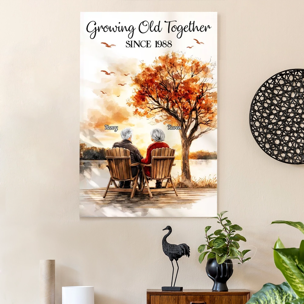 Personalized Growing Old Together Poster, Romantic Couple on Lake Dock at Sunset, Unique Anniversary Gift for Wife or Husband