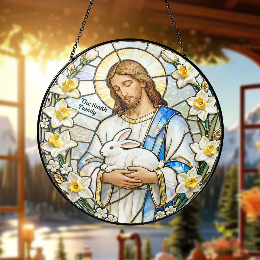 Personalized Jesus With Bunny Glass Suncatcher Ornament for Easter Window Display, Bright Colorful Light, Unique Religious Gift