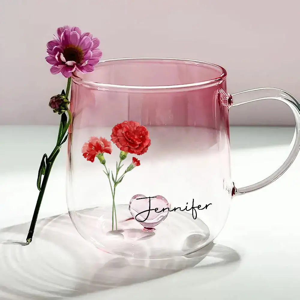 Gradient Glass Mug with Floral Print and Heart-Shaped Base, Elegant Gift Choice