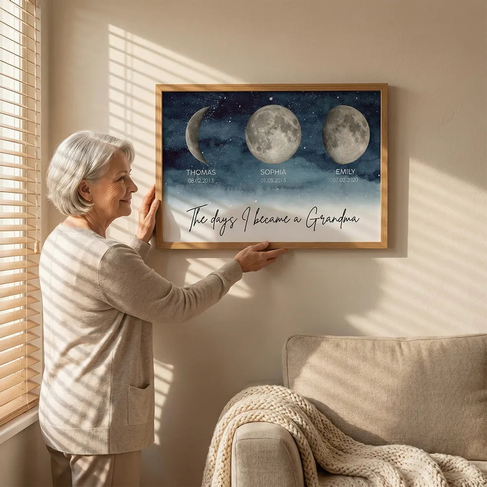Personalized Moon Phase Starry Sky Poster, The Day I Became a Grandma Wall Art, Unique Gift for Grandma