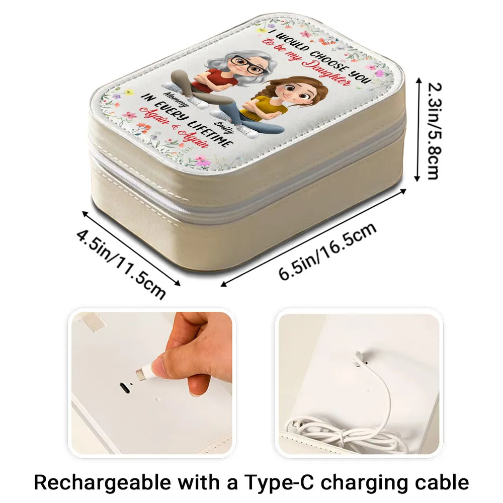 Custom LED Makeup Case with Cartoon Mother and Daughter, Sentimental Travel Makeup Case, Heartfelt Personalized Gift