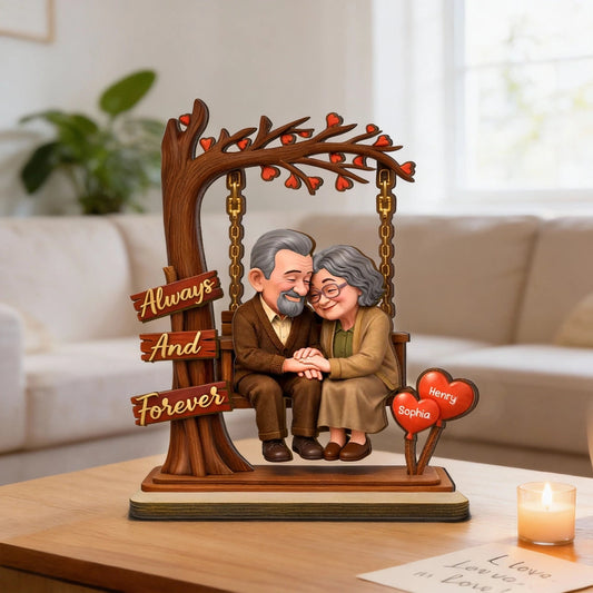 Personalized 2-Layer Wooden Plaque with Elderly Couple Holding Hands Under Heart Tree, Always And Forever Unique Gift