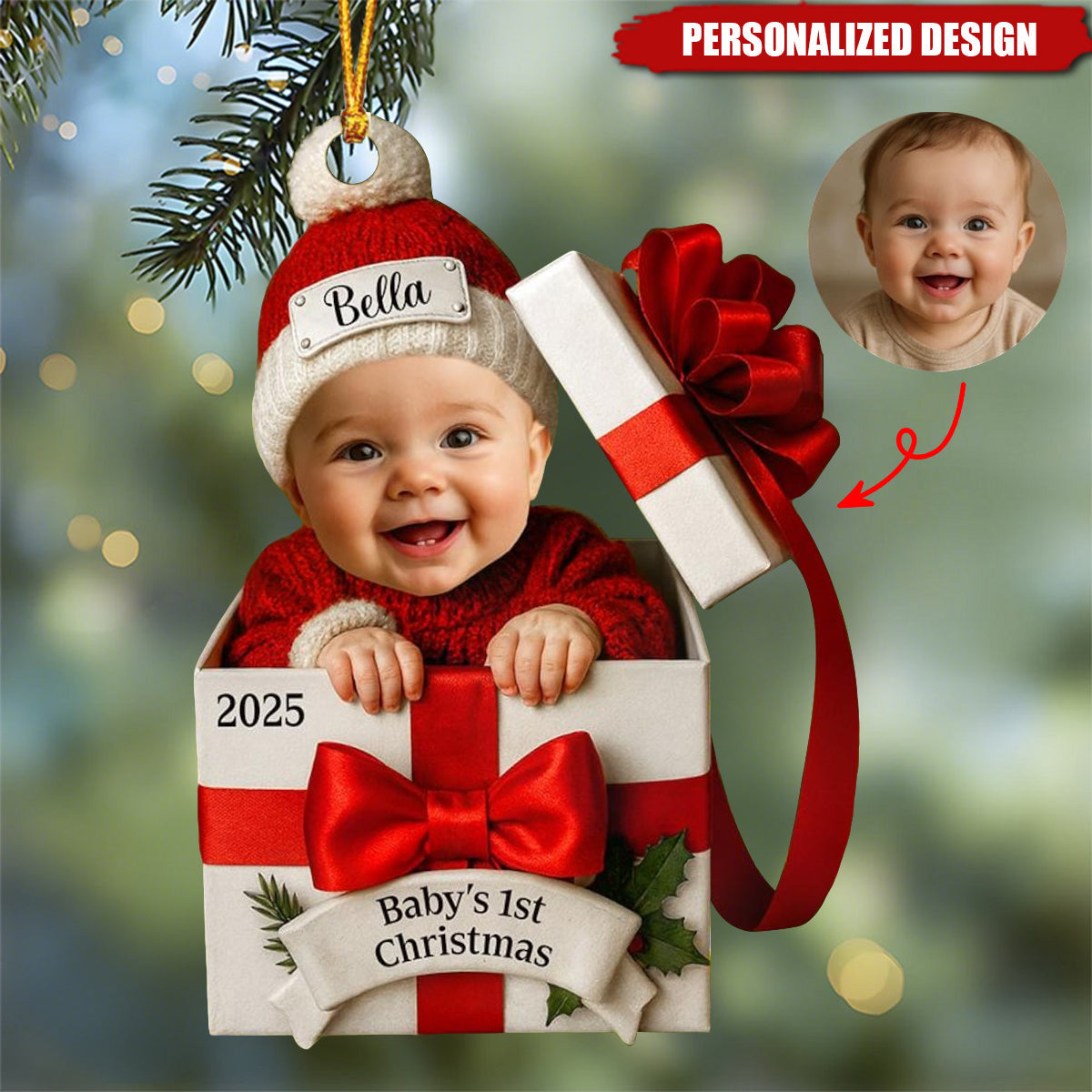 Baby's First Christmas Acrylic Ornament with Custom Photo – Adorable Gift Box Design for New Parents, Unique Personalized Holiday Gift