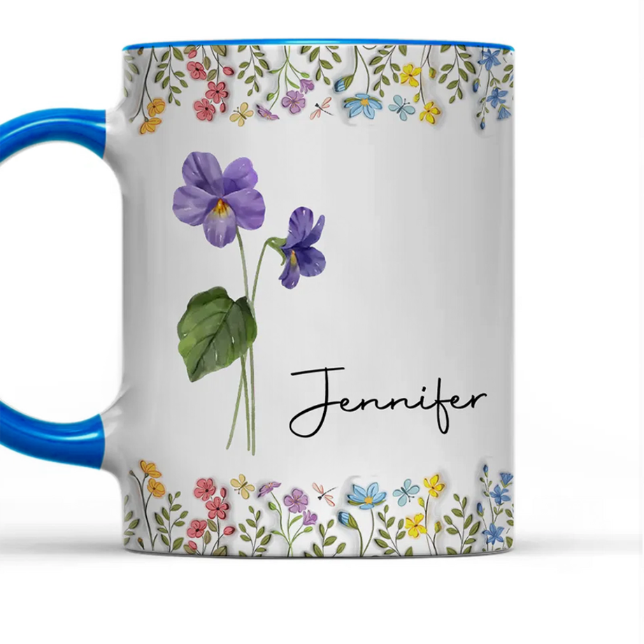 White Ceramic Mug with Floral Design and Name Print – Elegant Personalized Gift for Her, Perfect for Birthdays and Special Moments