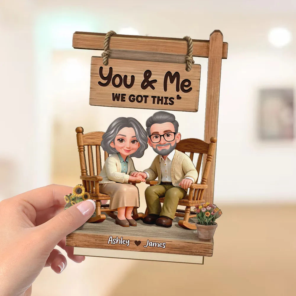 You & Me We Got This Personalized 2-Layer Wooden Plaque Sweet Couple Rocking Chair Scene for Anniversary or Valentine's Day Gift