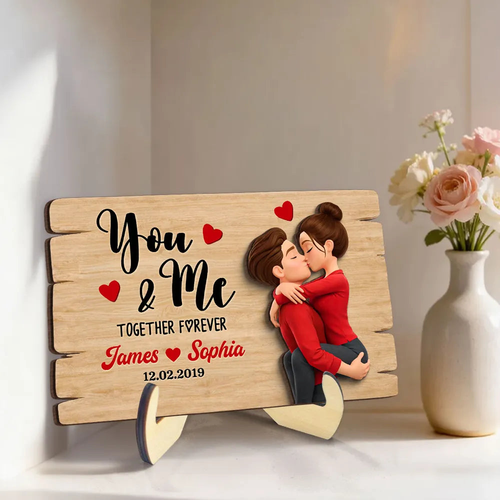 Personalized You & Me 2-Layer Wooden Plaque for Couple, Kissing Hug Design, Sweet Heart Gift for Him or Her