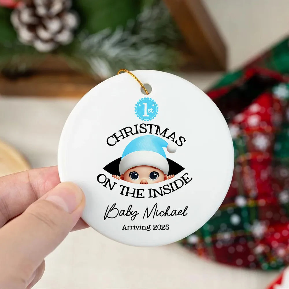 Personalized Christmas Ceramic Ornament for Expecting Parents, Baby Peeking Design, Unique Holiday Keepsake Gift
