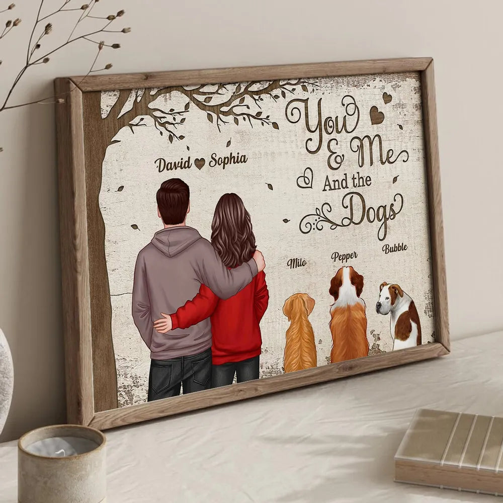 You & Me and the Dogs Custom Poster, Hugging Couple with Pets, Modern Wall Art, Unique Gift for Couples and Dog Lovers
