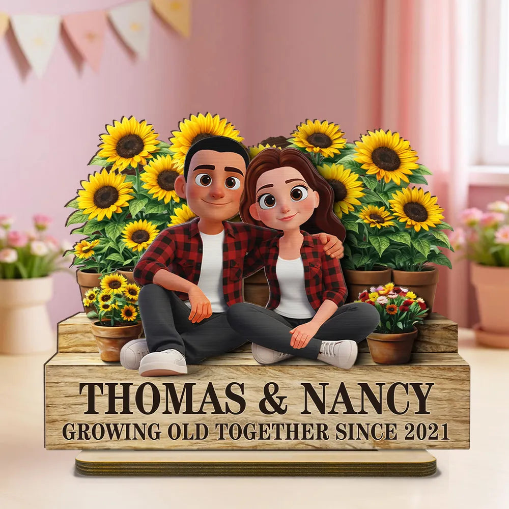 Growing Old Together Since 2-Layer Wooden Plaque with Cozy Couple and Sunflowers Unique Anniversary Gift for Him or Her