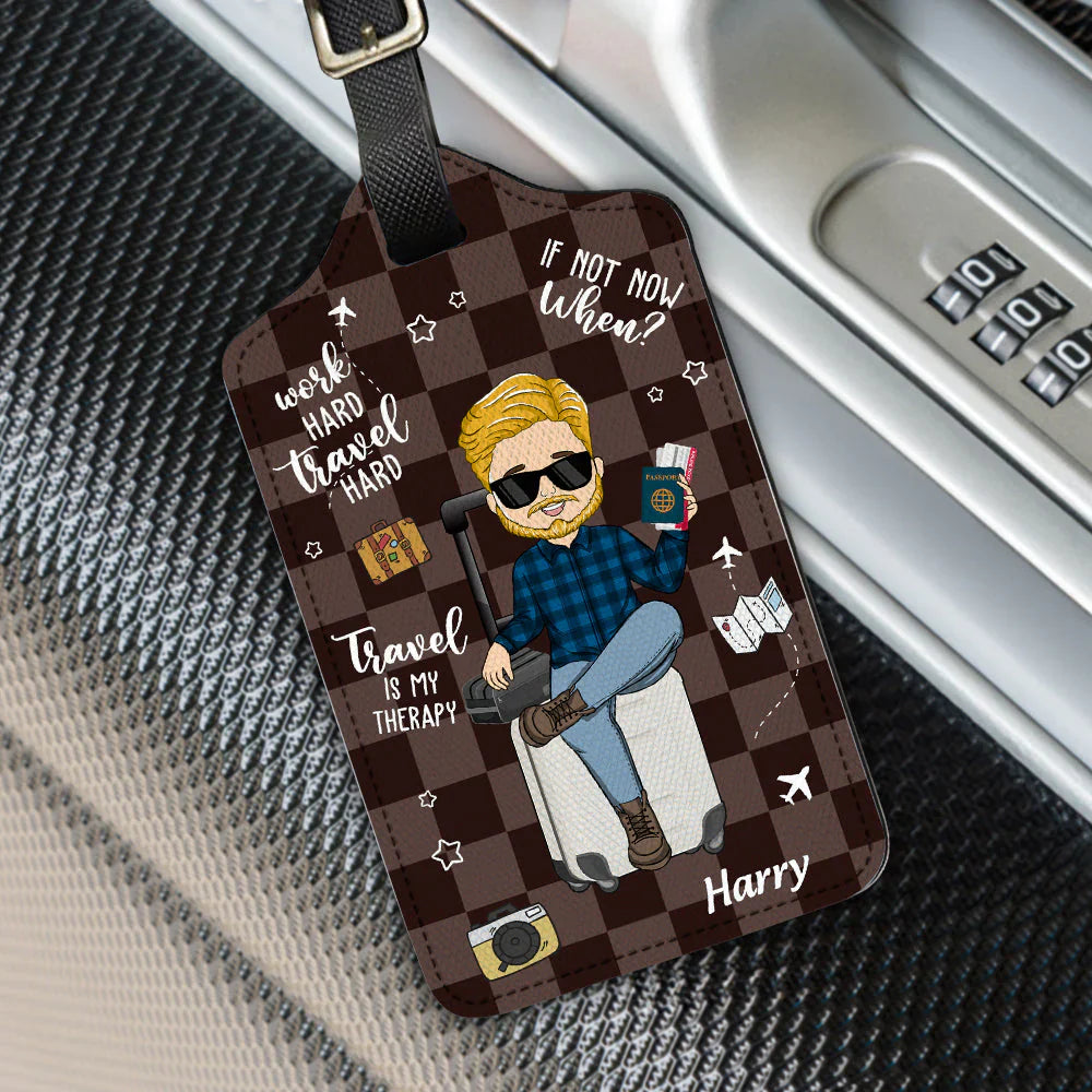 Personalized Leather Luggage Tag, Travel Is My Therapy Cute Cartoon Traveler Design, Unique Gift For Travel Lovers