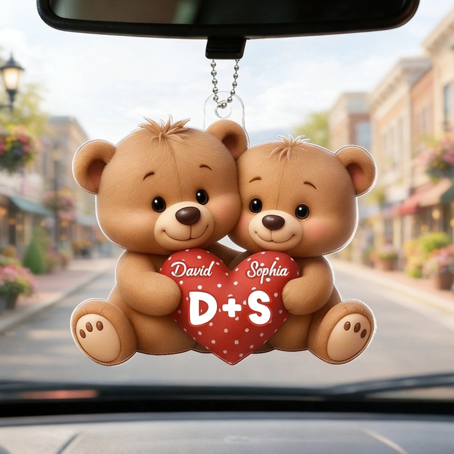 Personalized Bear Couple Acrylic Car Hanger Rearview Mirror Decor, Cute Heart Design, Unique Gift for Couples