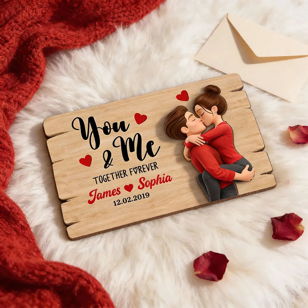 Personalized You & Me 2-Layer Wooden Plaque for Couple, Kissing Hug Design, Sweet Heart Gift for Him or Her