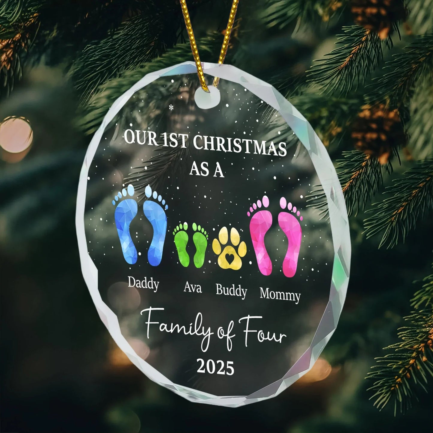 Crystal Ornament with Family Footprints & Paw Print Design, Warm Holiday Keepsake, Perfect Gift for Loved Ones