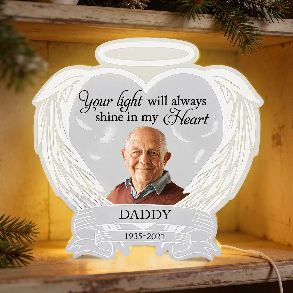 Acrylic Light Box Remembrance Lamp with Angel Wings Heart Design, Warm Glow Tribute, Unique Sympathy Gift for Family
