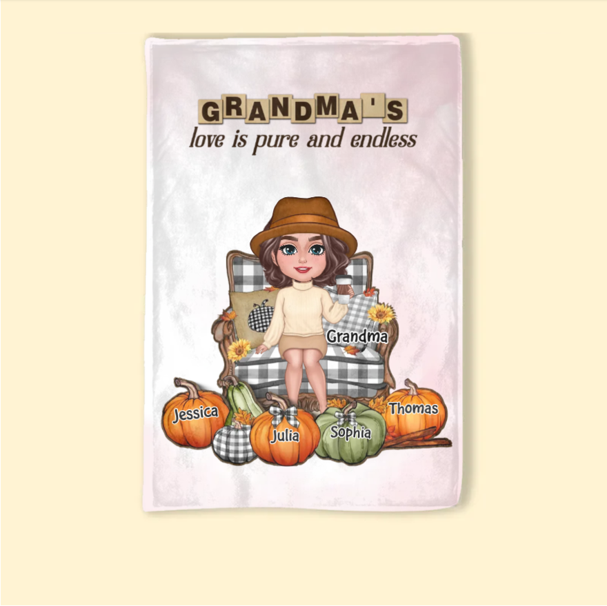 "Personalized Grandma's Autumn Pumpkin Plaque, Poster, Keychain, Ornament, Pillow & Blanket and Cup - A Heartwarming Gift for Loved Ones"