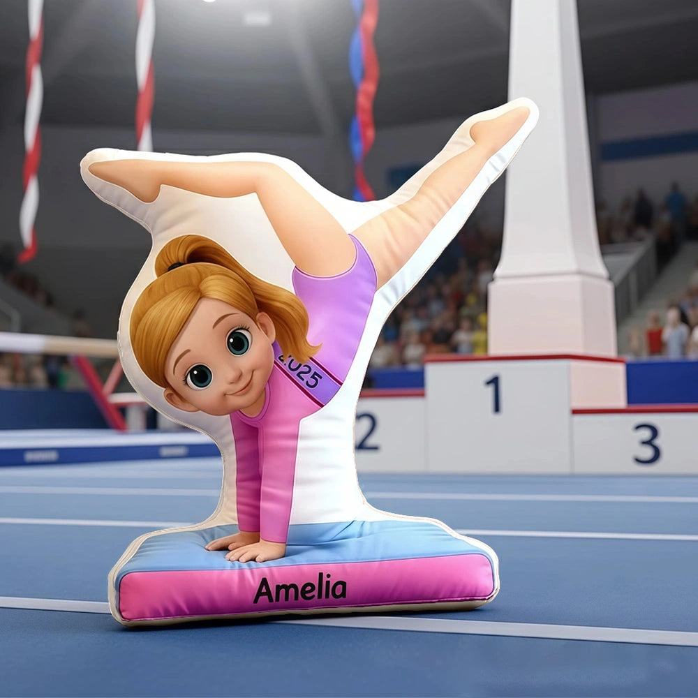 Custom Gymnastics Girl Shaped Pillow with Initial Design – Adorable Kids Shaped Pillow for Bedroom Decor, Cozy Support & Creative Gift Idea