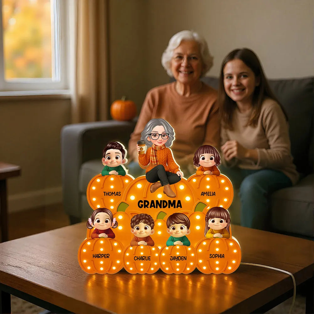 Personalized Acrylic Light Box for Grandma and Grandkids, pumpkin stack design, warm glow, fall décor keepsake, perfect gift for Halloween and Thanksgiving