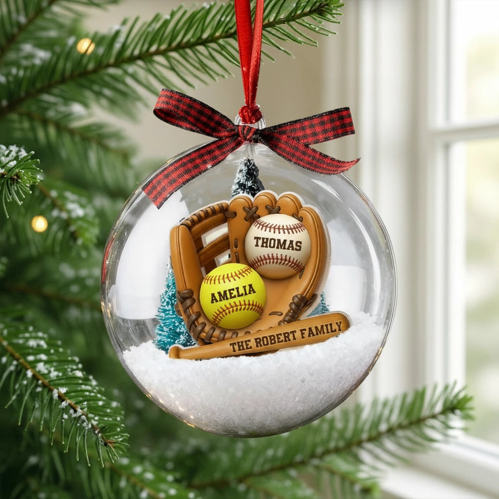 Snow Globe Ornament with Baseball Glove & Softball, Custom Family Keepsake for the Tree, Unique Holiday Gift for Sports Fans