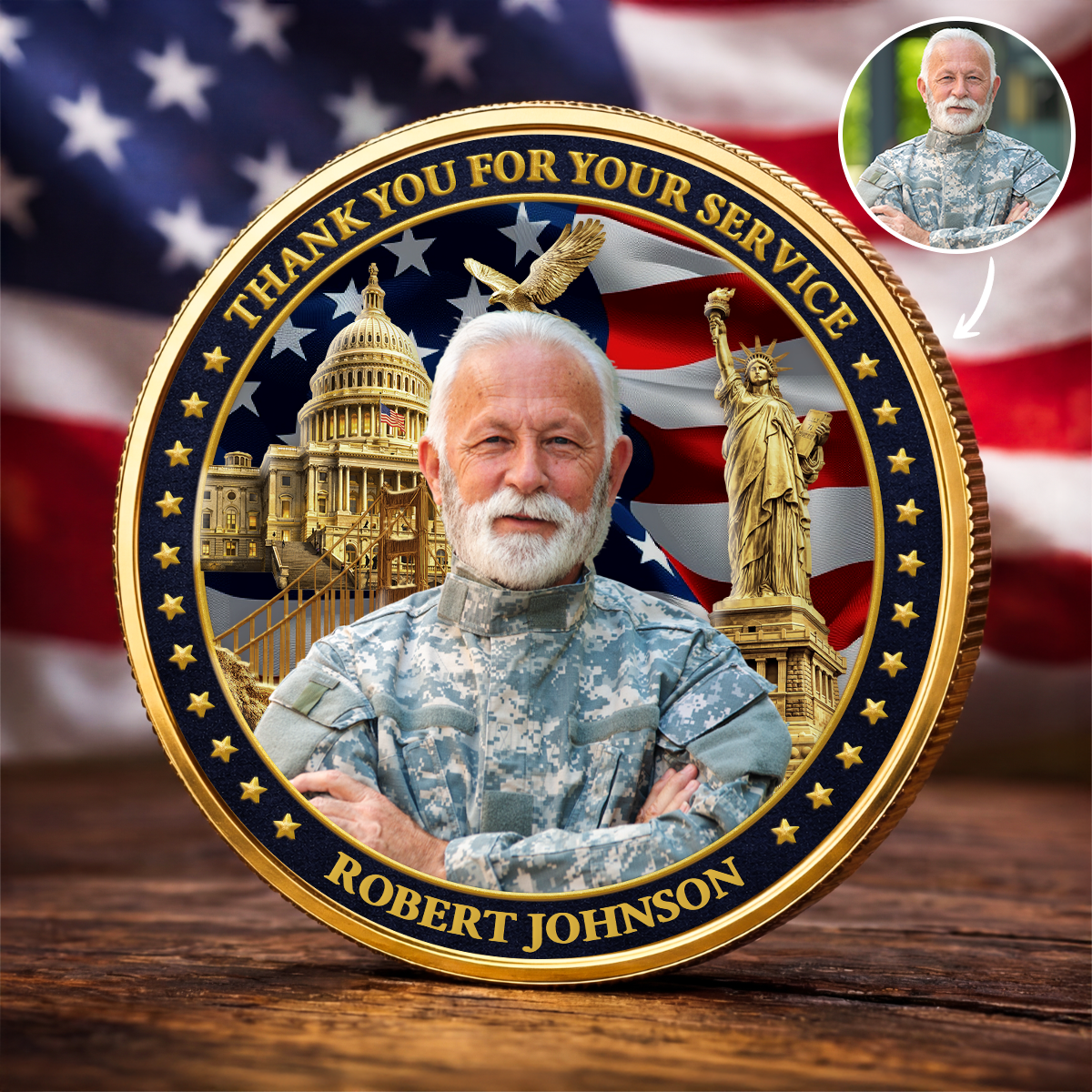 Personalized Alloy Keepsake Coin With Photo Thank You For Your Service Patriotic Display Unique Gift for Service Member