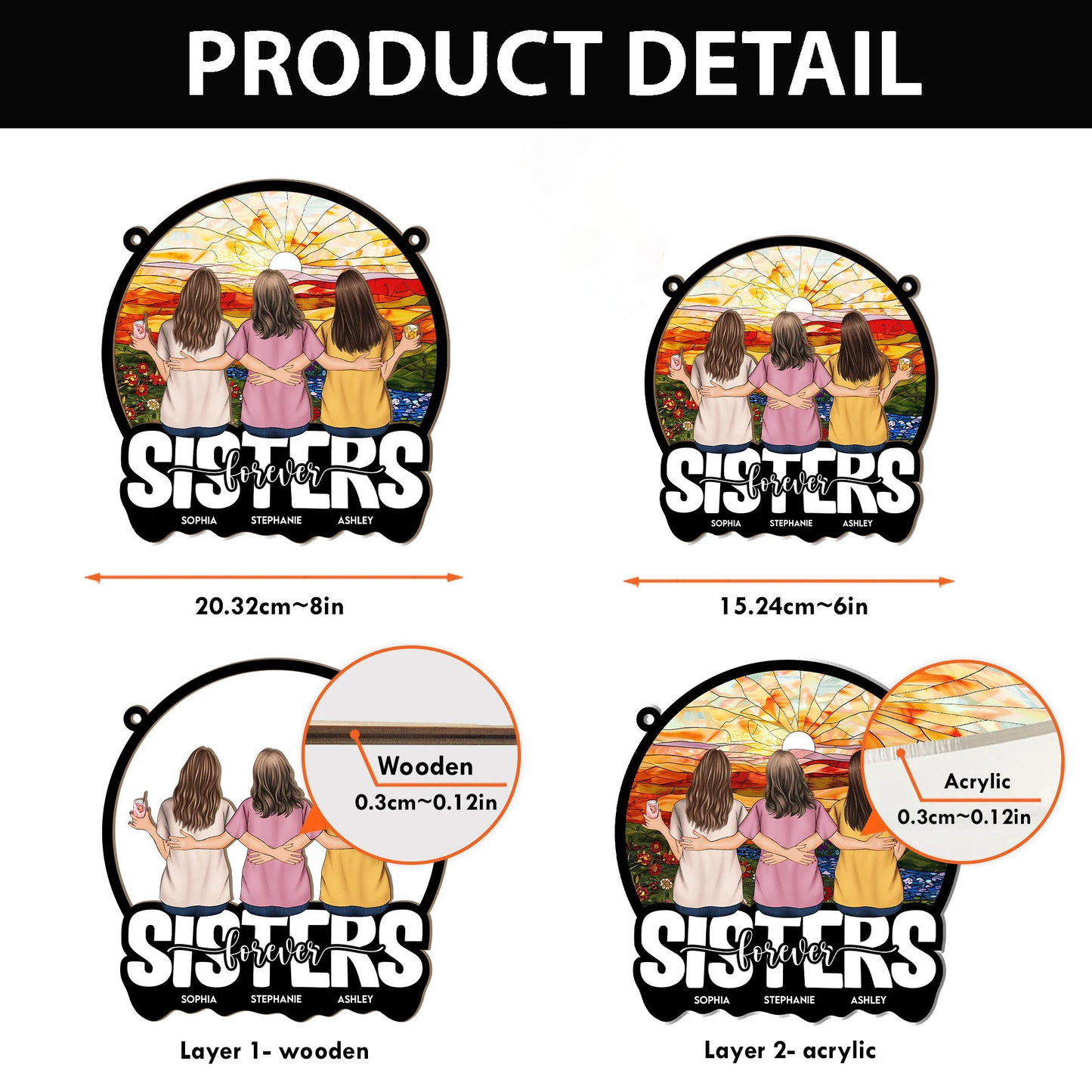 Sisters Forever – Personalized Wood and Acrylic Layered Ornament with Rainbow Design