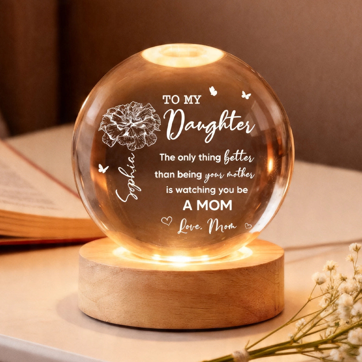 To My Daughter Globe Lamp with Floral & Butterflies, Warm Glow Night Light, Unique Gift from Mom