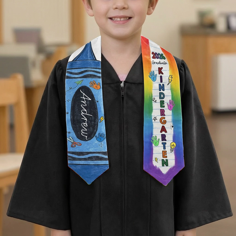 Personalized Graduation Stole with Crayon-Style Rainbow Design, Bright Keepsake Photo Moment, Unique Creative Gift for Kids