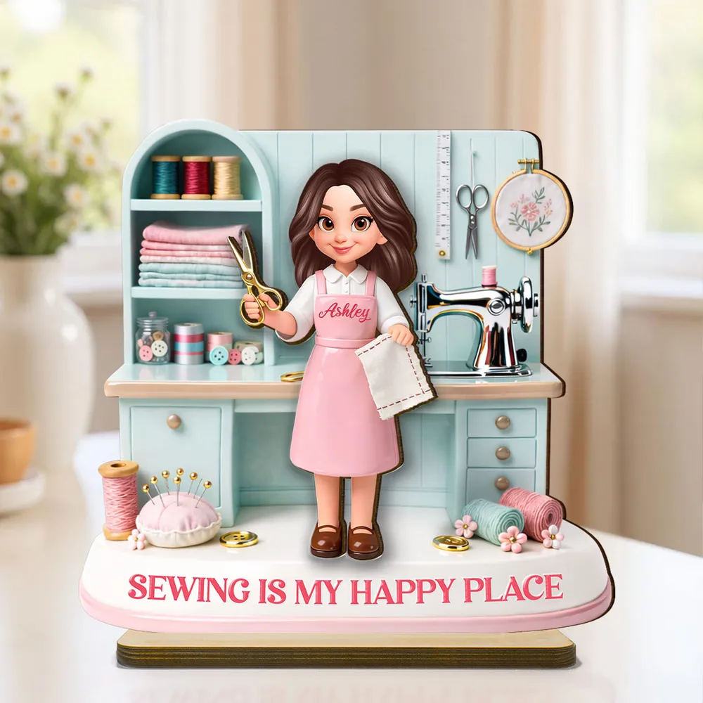 Personalized 2-Layer Wooden Plaque Sewing Is My Happy Place Cute Cartoon Sewing Room Scene, Unique Gift for Mom or Grandma