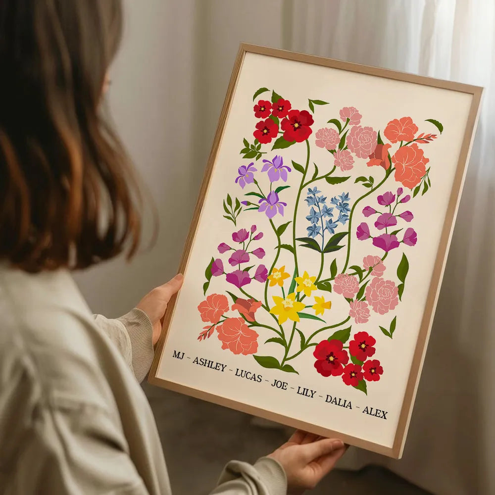 Personalized Birth Flower Bouquet Poster Minimalist Floral Wall Decor Unique Gift for Sisters, Sweet Quote Keepsake