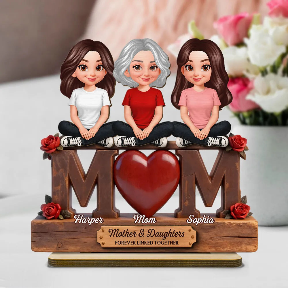 Personalized 2-Layer Wooden Plaque MOM Heart With Sitting Mother and Daughters Roses - Unique Gift for Mom