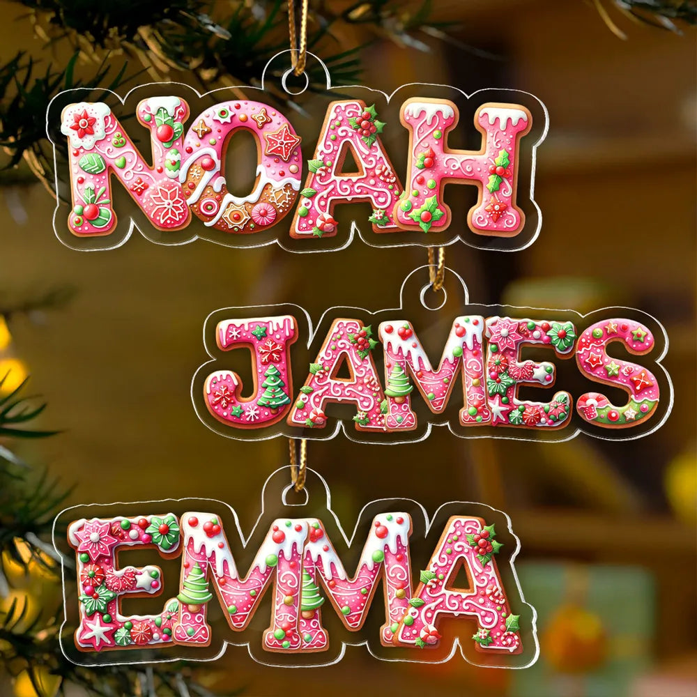 Custom Name Acrylic Ornament with Pink Gingerbread Letters – Festive Christmas Ornament & Creative Kids Gift
