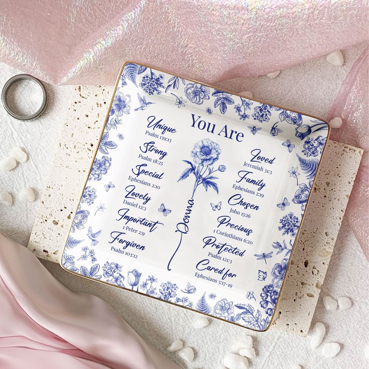 Jewelry Dish for Women, blue floral border with affirmation words, gold rim accents, elegant keepsake, customizable, a thoughtful gift