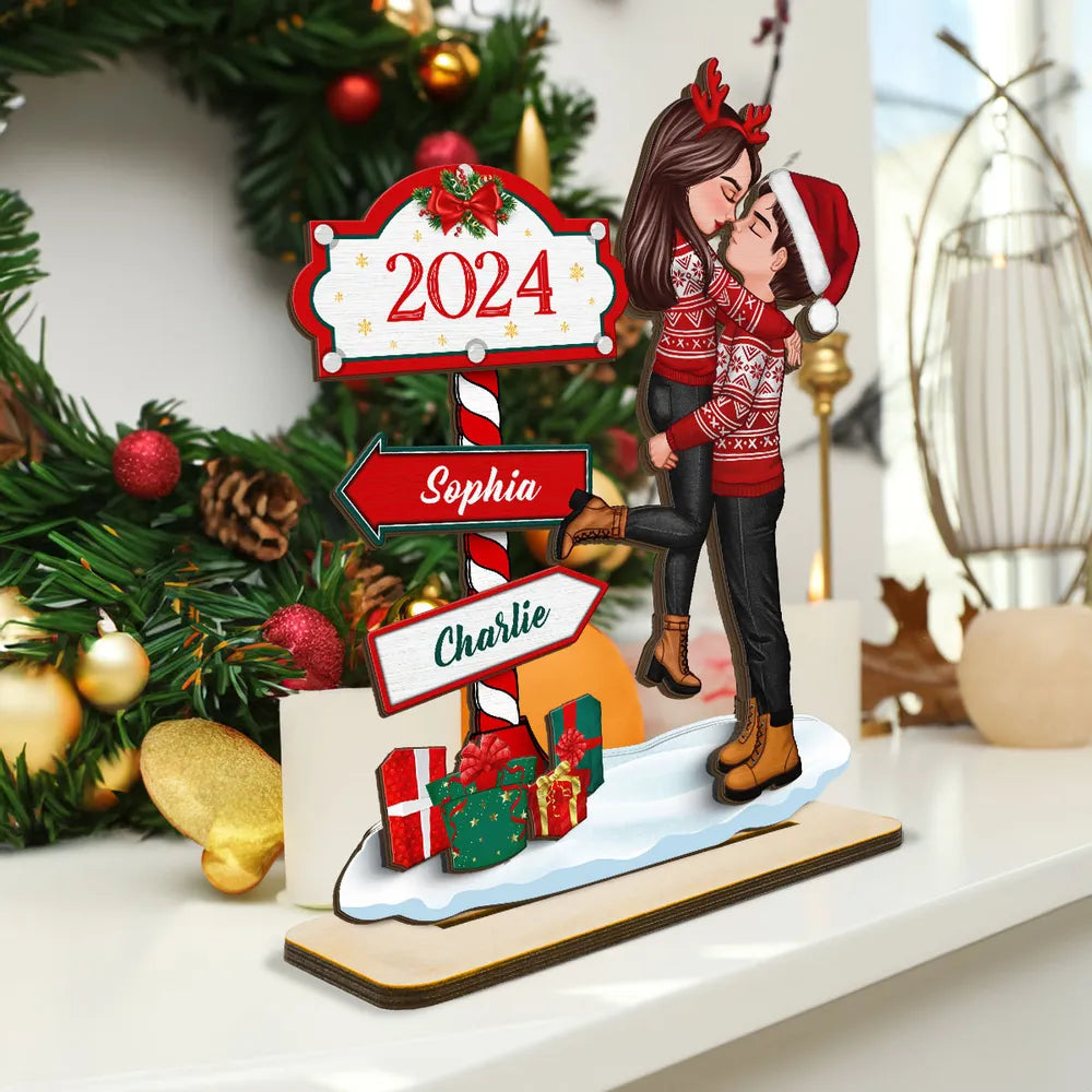 Couple Hugging Kissing North Pole Sign, Custom 2-Layer Wooden Plaque or Ornament or Poster or Keychain, Gift for Christmas Decor