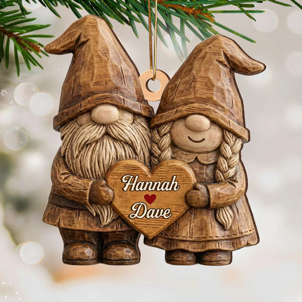 Personalized Wooden Ornament, Cute Gnome Couple Holding Heart, Unique Romantic Gift for Couples, Cozy Holiday Keepsake