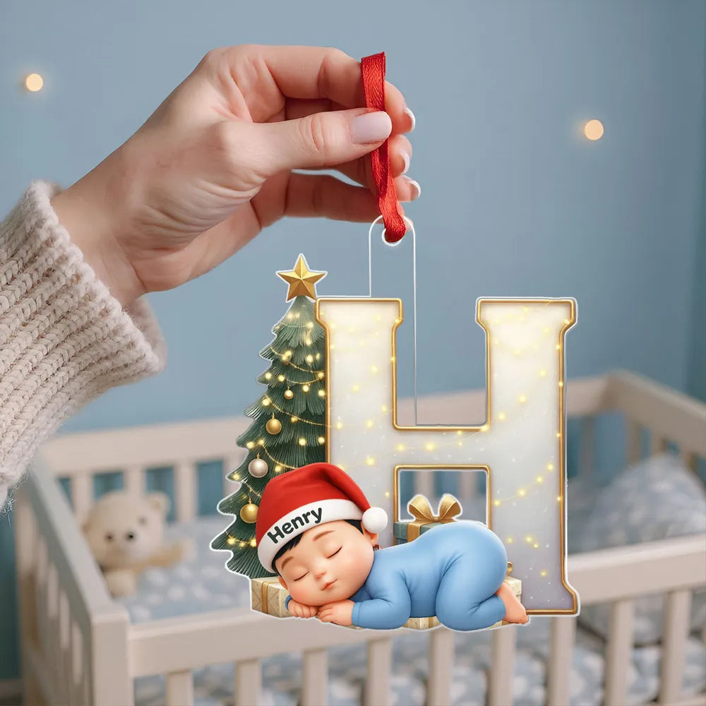 Baby Sleeping Initial Monogram Acrylic Ornament, Christmas Tree & Lights, unique gift for New Parents and Grandparents