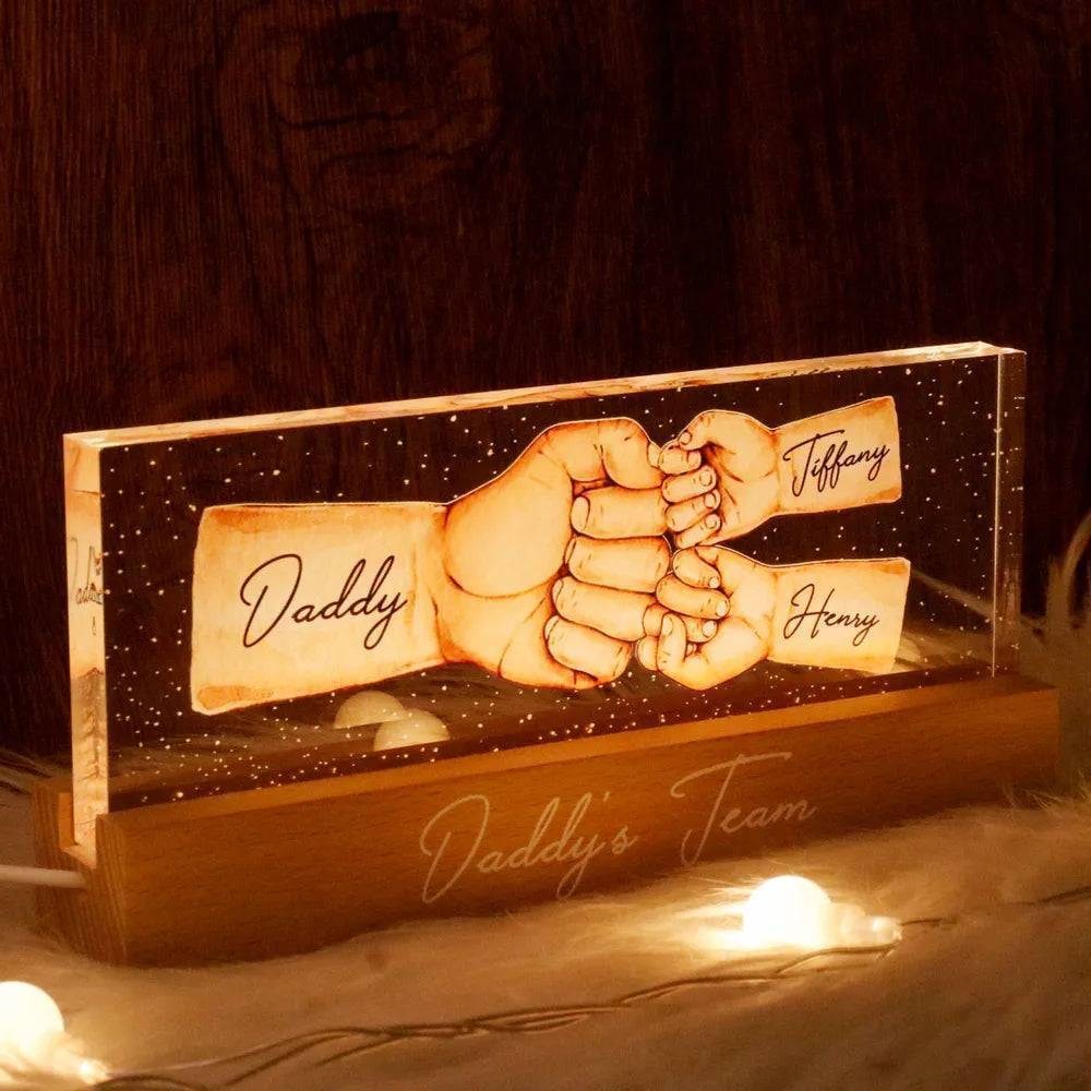 Daddy's Team Fist Bump Personalized Acrylic LED Night Light, Father's Day Gift For Dad, Grandpa, Husband