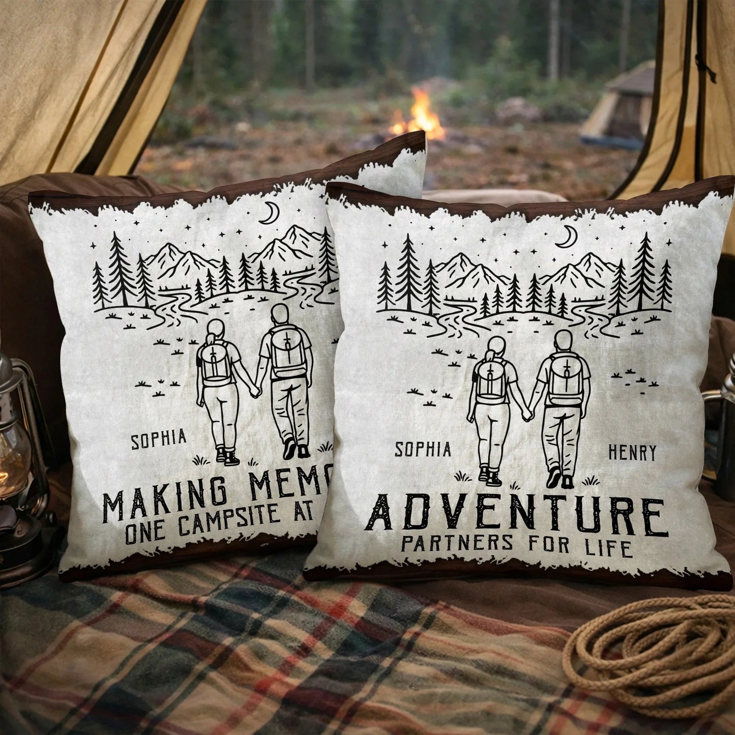 Square Pillow Personalized for Your Adventure Partners for Life, Hand in Hand Camping Scene, Sweet Gift for Couples