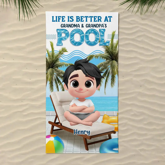 Custom Beach Towel for Grandchildren – Poolside Lounge Design, Gift from Grandma & Grandpa