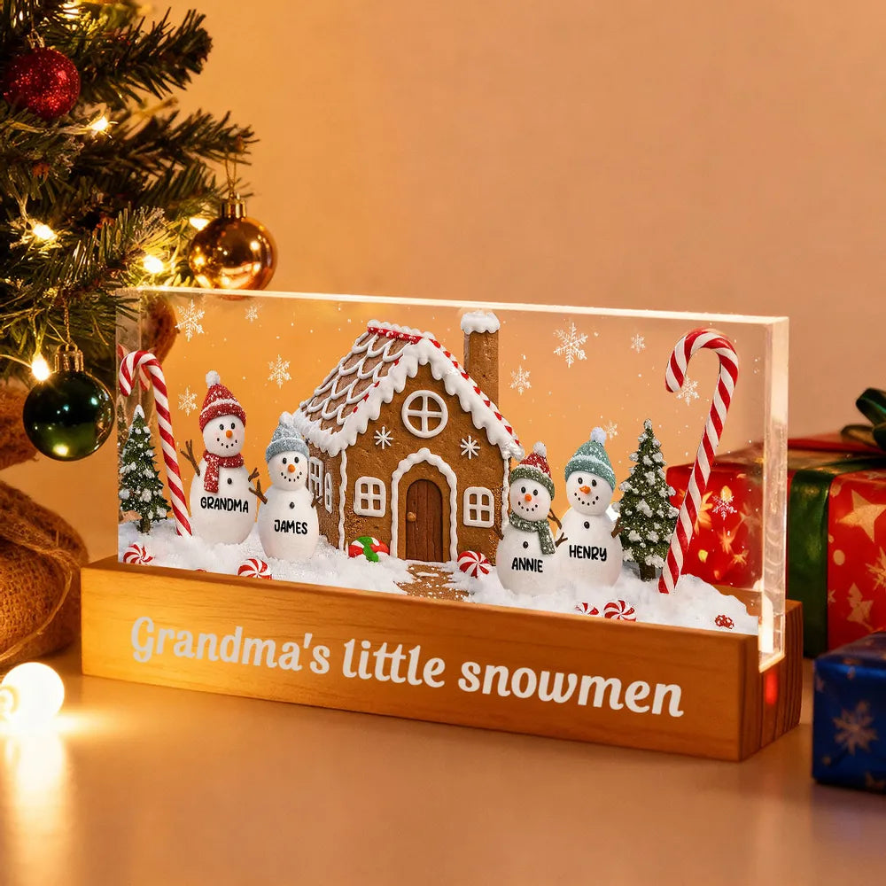 LED Light Plaque, Personalized Grandma's Little Snowmen Gingerbread House, Warm Christmas Glow, Unique Gift for Grandma