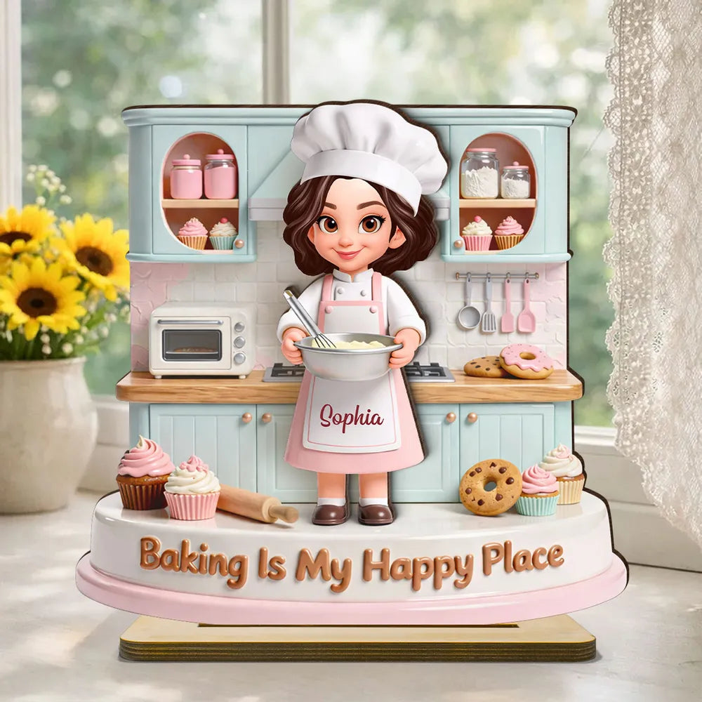 Personalized 2-Layer Wooden Plaque, Baking Is My Happy Place Cute Chef in Pastel Kitchen, Unique Gift for Mom or Grandma