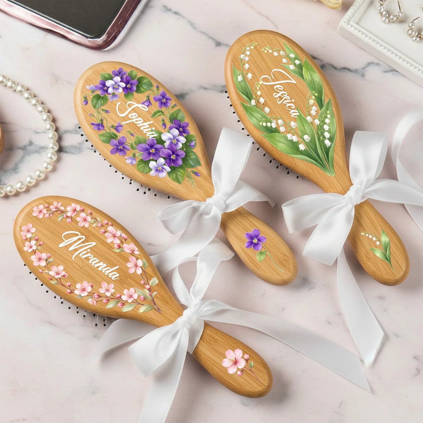 Personalized Wooden Hair Brush With Birth Flower Name Design, Vanity Decor, Unique Gift For Daughter Sister Mom