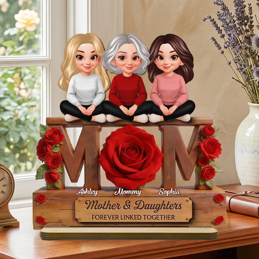 Personalized 2-Layer Wooden Plaque Mom & Daughters Roses Living Room Decor, Unique Gift for Mom
