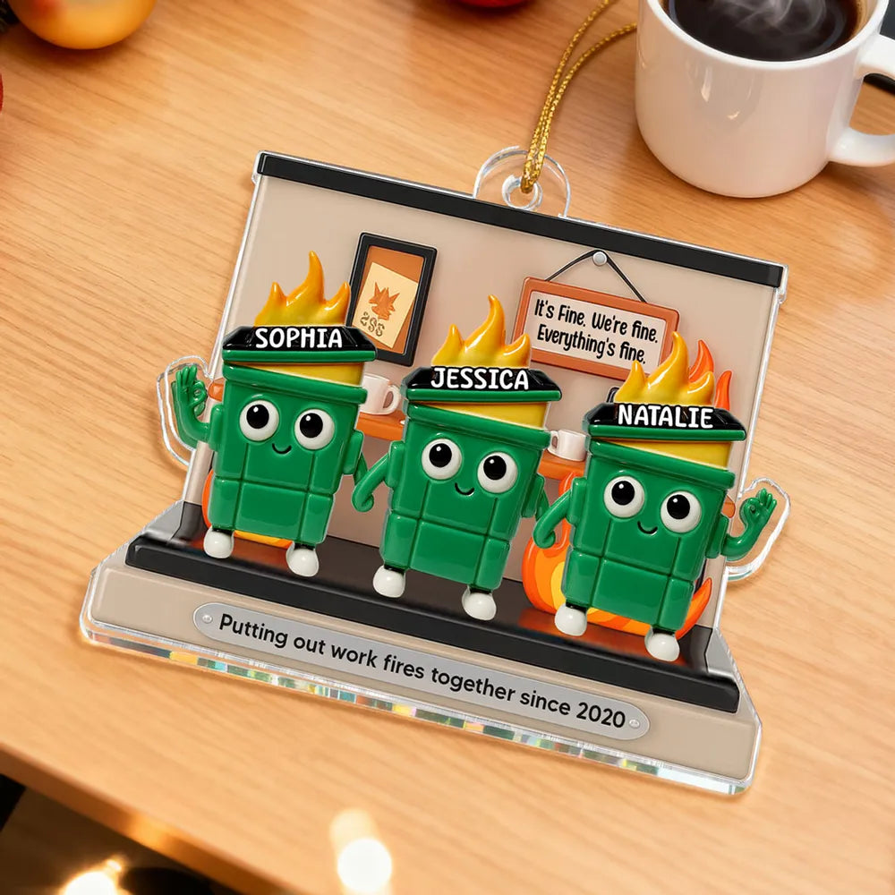 Funny Office Acrylic Ornament With Flaming Trash Cans, Unique Coworker Gift For Desk Or Tree