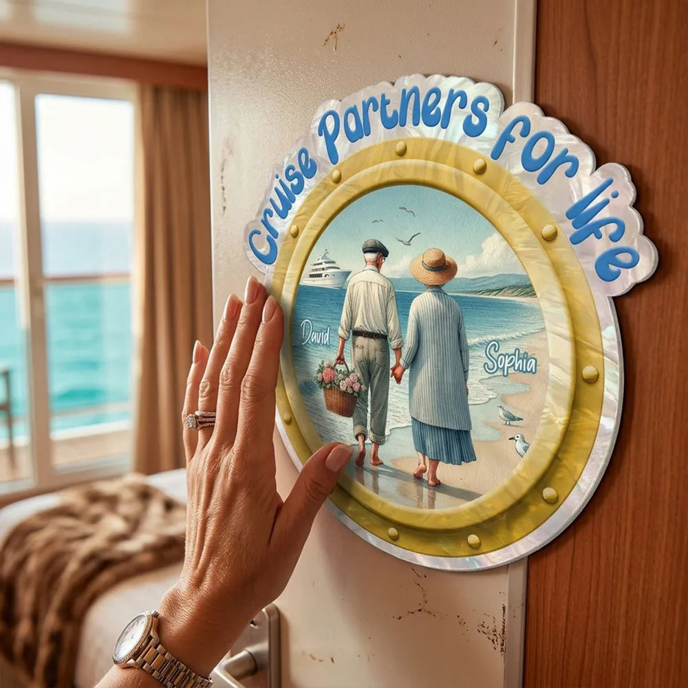 Personalized Acrylic Magnet Cruise Partners for Life, Couple Holding Hands Beach Scene, Unique Cruise Door Gift