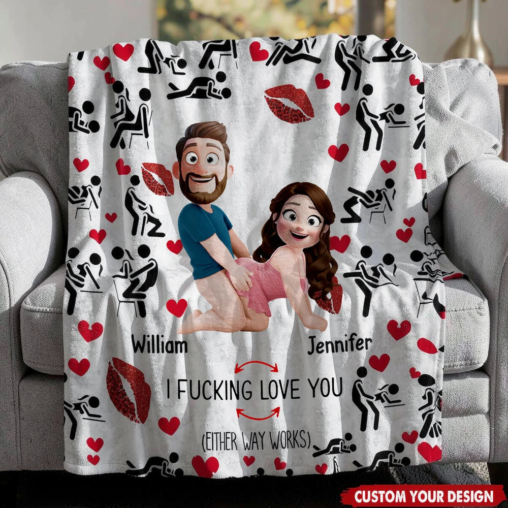 I Love You Personalized Fleece Blanket with Cute Couple Illustration, Lips and Hearts - Funny Sweet Gift for Partners
