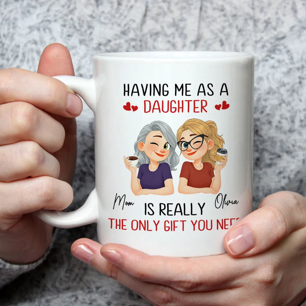 Personalized Mother Daughter Coffee Ceramic Mug, Cute Winking Cartoon Design, Unique Gift For Mom From Daughter