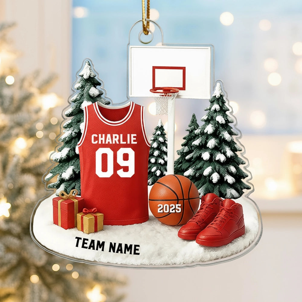 Basketball Acrylic Ornament for Christmas Tree, customizable details, snowy court scene, perfect gift for players, fans, and coaches