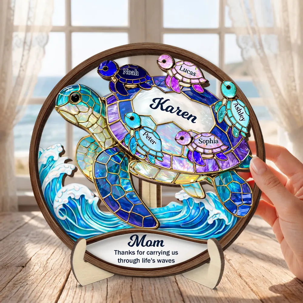 2-Layer Wooden Plaque with Stained-Glass Style Sea Turtle and Heartfelt Message - Personalized Gift for Mom